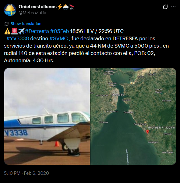 Пост MeteoZulia с YV3338 и координатами на карте