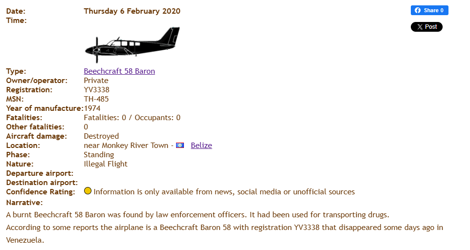 Карточка Beechcraft 58 Baron: YV3338, MSN TH-485